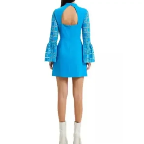 French Connection NWTs Garnet Velvet Lace Sleeve Turquoise Blue Mini Dress 4 - Picture 2 of 12